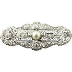 Antique 14K White Gold Diamond and Pearl Filagree Pendant Brooch #16971
